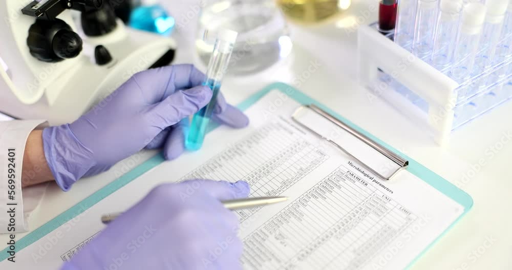 Scientist doctor with test tube with blue liquid and chemical composition data table closeup Scientist doctor with test tube with blue liquid and chemical composition data table closeup