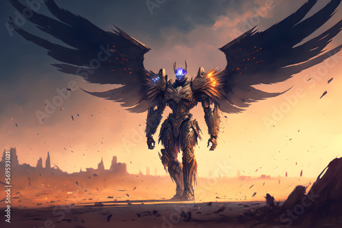 Battle archangel warrior in armor. Big wings on his back, Angel of revenge on battlefield. Messenger of God. 3d illustration