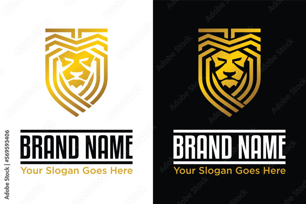 gold Minimalist Lion head and shield illustration logo design Stock ...
