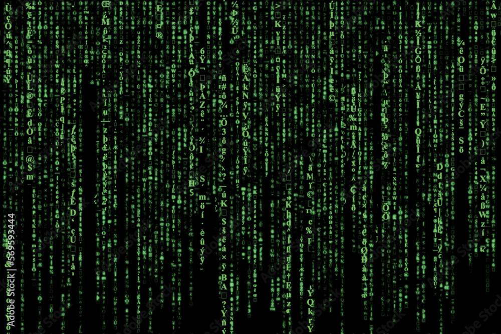 Green matrix of falling random characters, numbers and symbols on black, concept for digital data, programming, cyberspace and hacking, abstract full frame technology background Green matrix of falling random characters, numbers and symbols on black, concept for digital data, programming, cyberspace and hacking, abstract full frame technology background