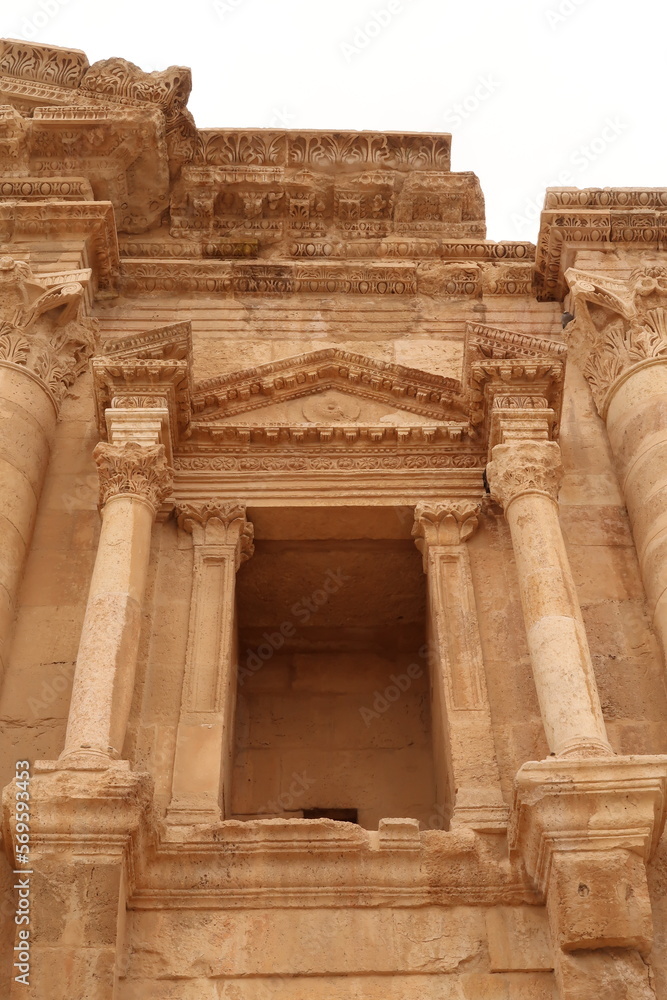 Elaborate patterns and details on the Arch of Hadrian, entrance gate to gerasa, Jerash, Jordan
