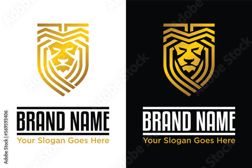 gold Minimalist Lion head and shield illustration logo design