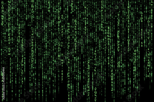 Green matrix of falling random characters, numbers and symbols on black, concept for digital data, programming, cyberspace and hacking, abstract full frame technology background