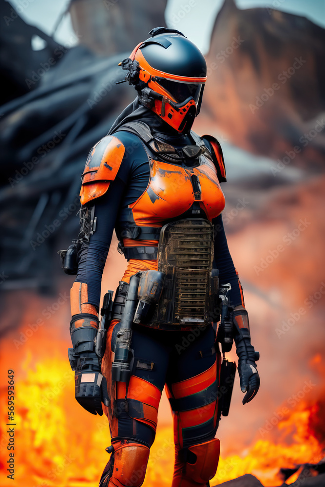 Fototapeta premium Cyber Warrior With Futuristic Orange Commando Armor Standing in Burning Flames Generative AI Photo