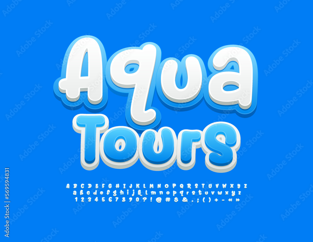 Vector recreational emblem Aqua Tours with Blue and White Alphabet Letters, Numbers a Symbols set. Modern style 