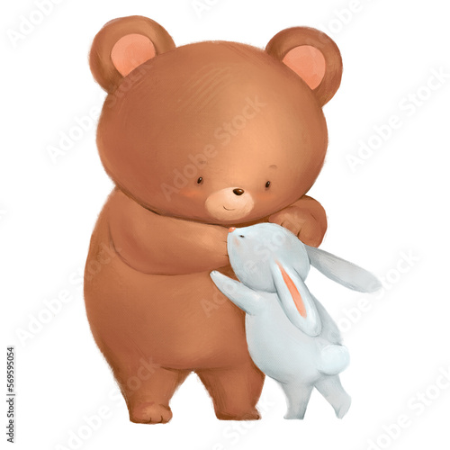 Cute teddy bear with bunny. Sweet baby illustration