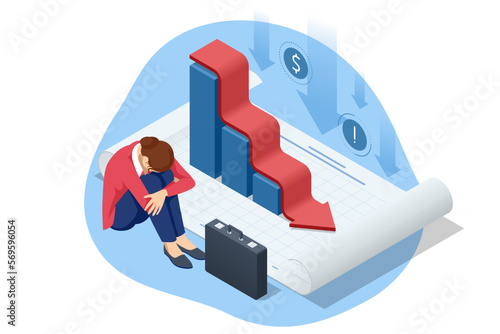 Isometric Concept of Business Decline Downward Arrow Trend, Bankruptcy, Bankruptcy, Bad Economy Reduction, Budget recession, Financial Crisis, Market Fall, Investment expenses.