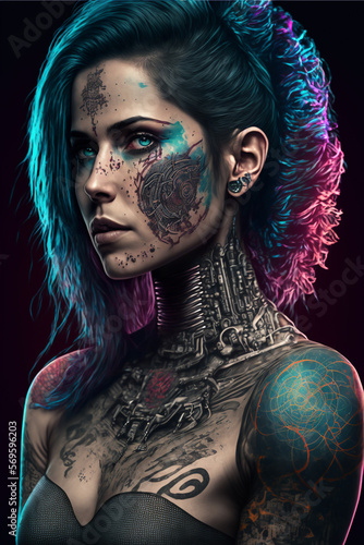 A futuristic young woman with facial tattoo AI Generated Image