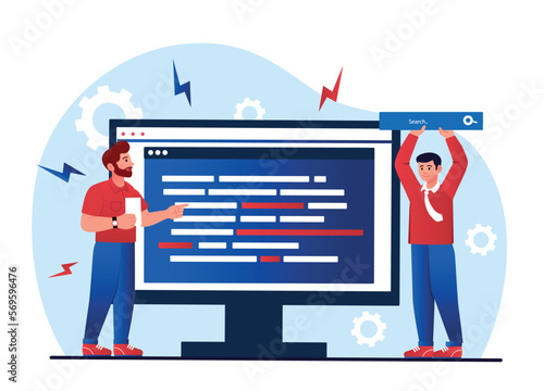 Programming and web design. Modern technologies and digital world, IT specialists and programmers write code for site, develop programs, software and applications. Cartoon flat vector illustration