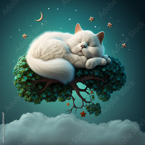 Cute fat cat sleeping on a tree in the sky AI generated Image