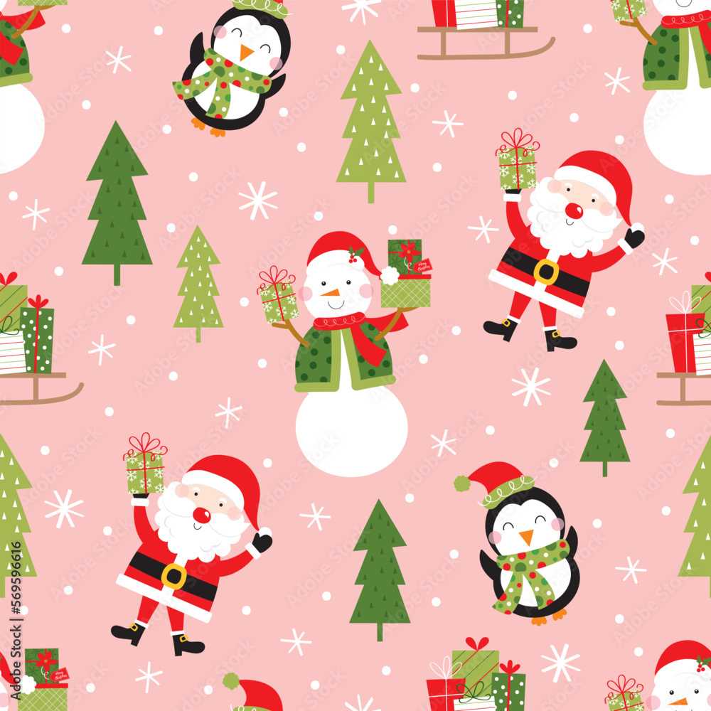 cute christmas seamless pattern with santa claus, penguin and snowman design