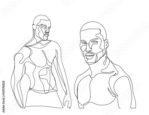 contour line drawing two black men stand topless 