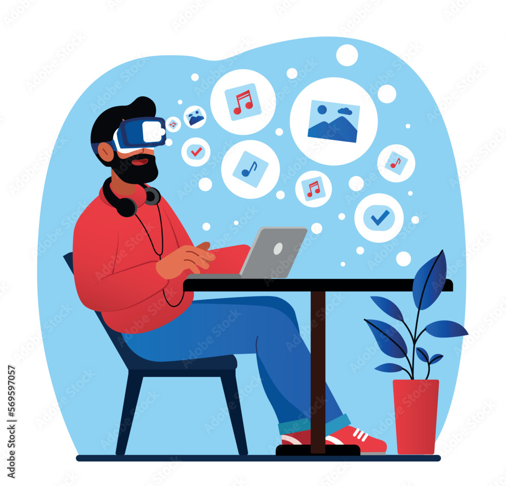 Man in VR glasses. Virtual reality, modern technologies and innovations. Digital world and cyberspace. Entertainment and interesting content. Young guy in headset. Cartoon flat vector illustration