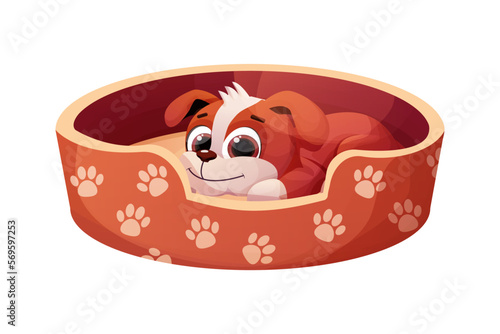 Cute puppy dog in bed decorated with paws, lying happy animal in cartoon style isolated on white background.