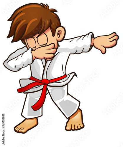 Dabbing judo or karateka cartoon character with red belt photo