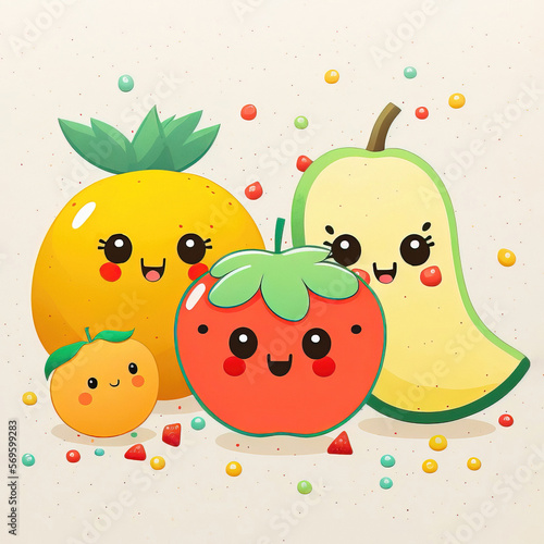 Cute cartoon fruits set. Kawaii characters emoji fruit, apple, pineapple, peach, orange, pear, flat style. Funny emoticon food illustration for phone case, sticker, patch, and other design.