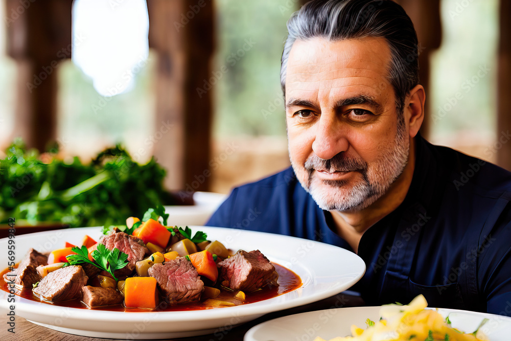 Spanish Chef Man Admiring Beef Stew Bokeh Generative AI Photo Spanish Chef Man Admiring Beef Stew Bokeh Generative AI Photo