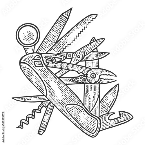 Photos Folding pocket knife sketch engraving PNG illustration with transparent backgrou