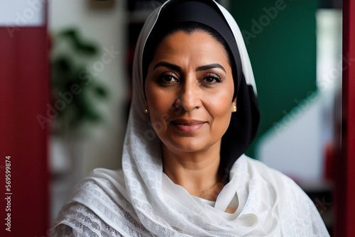 Close up photograph of Algerian woman with headdress smiling traditional outfit and jewelry Generative AI Photo