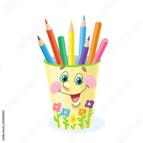 Funny plastic glass with colored pencils. School supplies in cartoon style. Isolated on white background. Vector flat illustration.