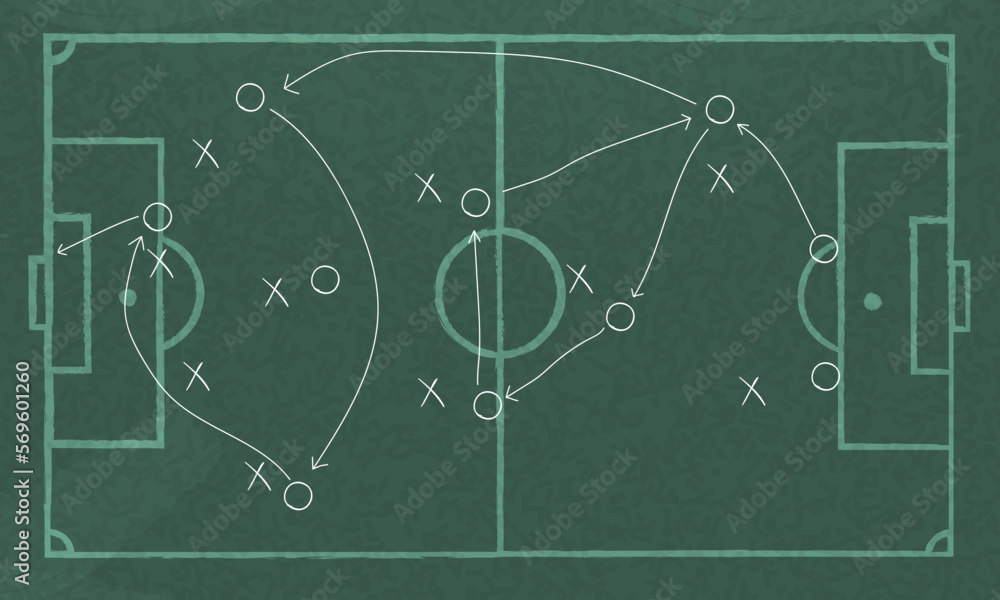 Obraz premium Realistic blackboard drawing a soccer game strategy.