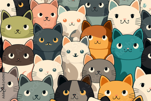 A large group of cats with different colors. Cartoon cat characters seamless pattern.