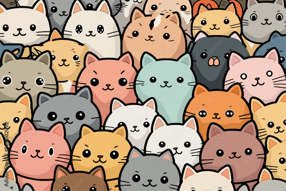 Naklejka premium A large group of cats with different colors. Cartoon cat characters seamless pattern.