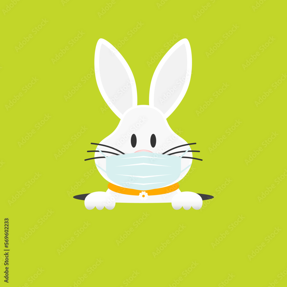 Fototapeta premium Weißer Osterhase Mit Maske Im Loch Grün