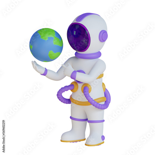 Astronaut Holding Earth Planet and pointing right side 3D Illustration