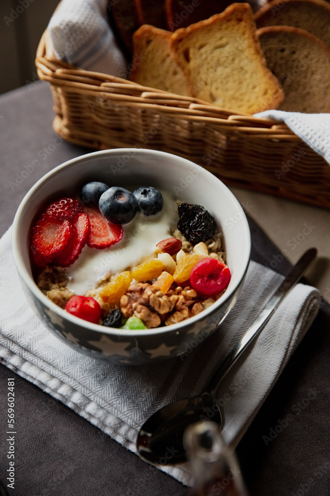 Breakfast oatmeal and bread Breakfast oatmeal and bread