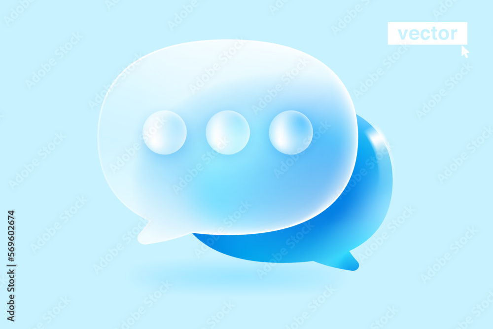 Speech bubble icon in glassmorphism style. 3D Chat icon made of matte glass and blue copy on back with blur. Speech bubble icon in glassmorphism style. 3D Chat icon made of matte glass and blue copy on back with blur.