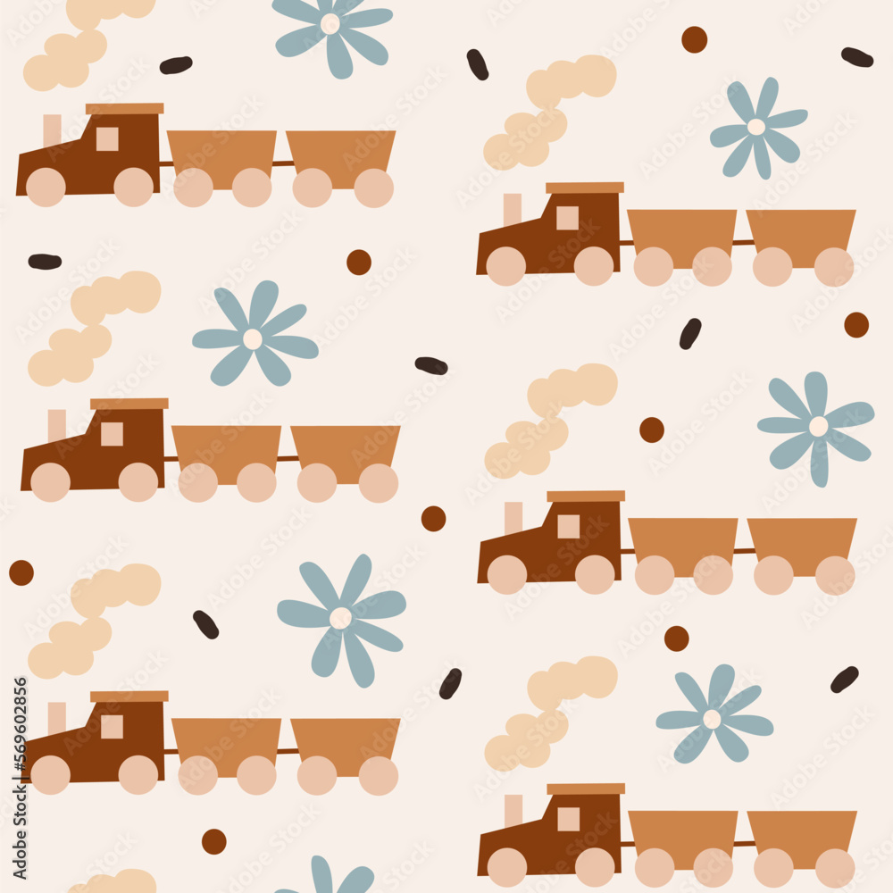 cute pastel cartoon train seamless vector pattern background illustration with daisy flowers	