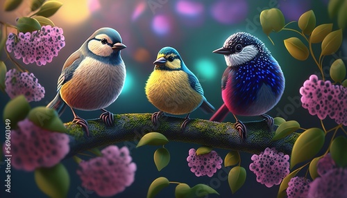 Adorable spring birds. Spring Cute birds are on the tree Branch. Generative Ai.