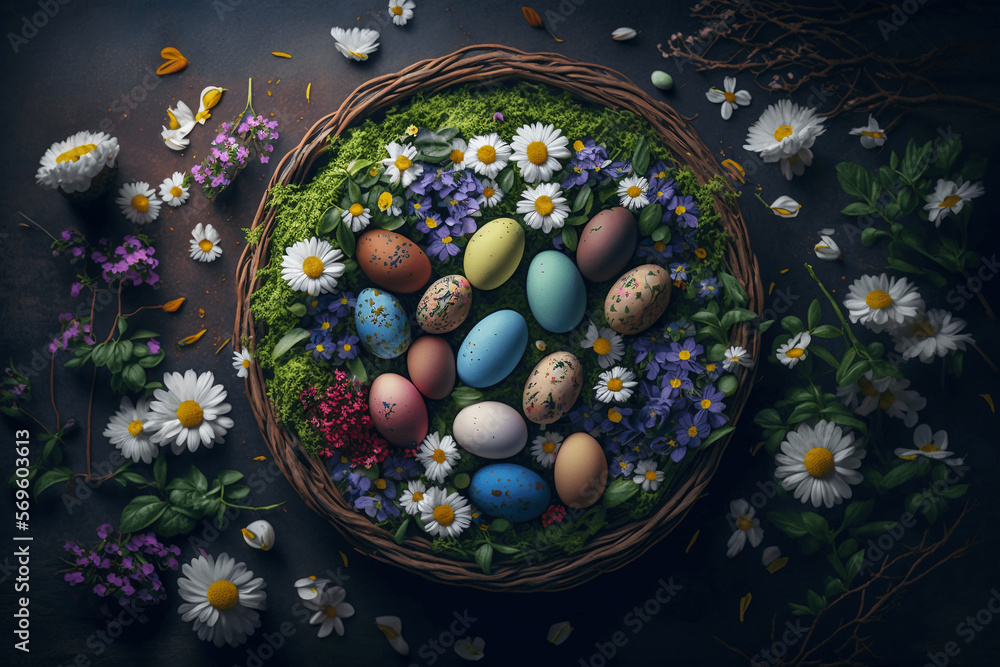 Easter eggs in a nest, pastel colors
