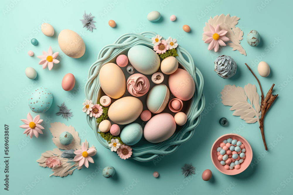 Easter eggs in a beautiful basket Easter eggs in a beautiful basket
