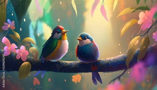 Adorable spring birds. Spring Cute birds are on the tree Branch. Generative Ai. © Concept Killer