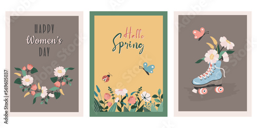 Women's day poster with flowers, roller skates, floral wreath. Set of Womens Day card, March 8, birthday, Mother's day. Spring background. Vector hand drawn flat illustration for web, print, holidays