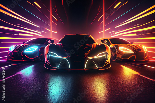 Three supercars racing in neon light tunnel. Generative AI. Fototapet