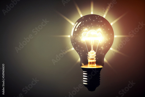 Conceptual image of glowing light bulb on dark background created with Generative AI technology