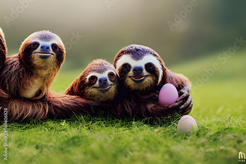 Happy sloths family egg hunting on a green field at easter 