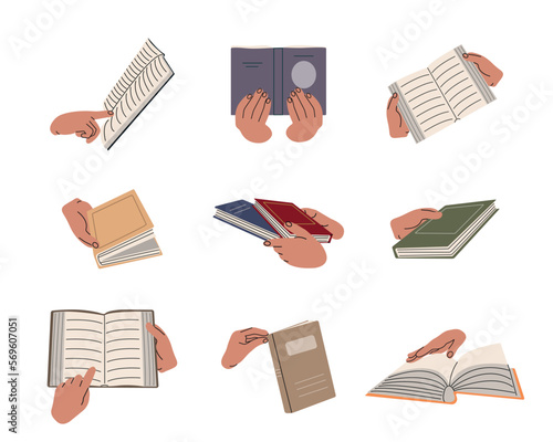 National Read Across America Day. Hands hold books for reading, textbooks for training. A set of literature, dictionaries, encyclopedias, planners.