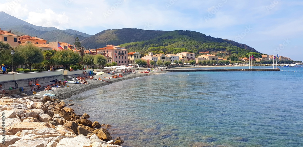 Fototapeta premium Panorama of city beach of Marciana Marina in summer season.