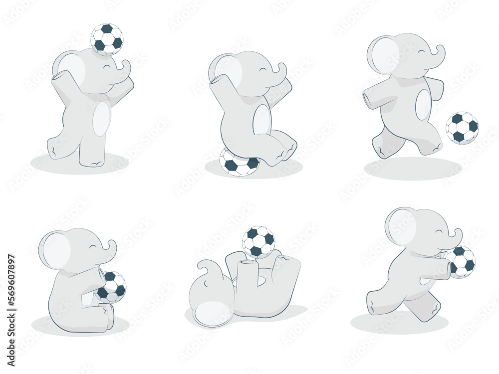 Set of six pictures. A cute and cheerful elephant goes in for sports, football. A cute and joyful sportsman is playing with a ball.