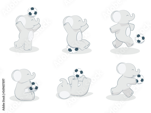Set of six pictures. A cute and cheerful elephant goes in for sports, football. A cute and joyful sportsman is playing with a ball.