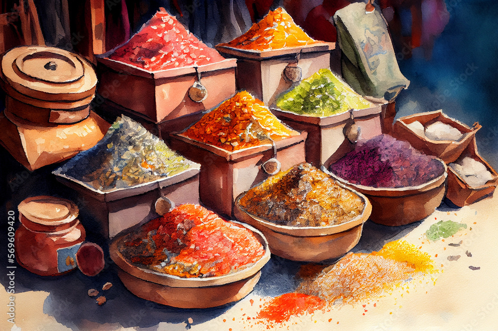 Fototapeta premium Spices on Eastern street market, generative ai