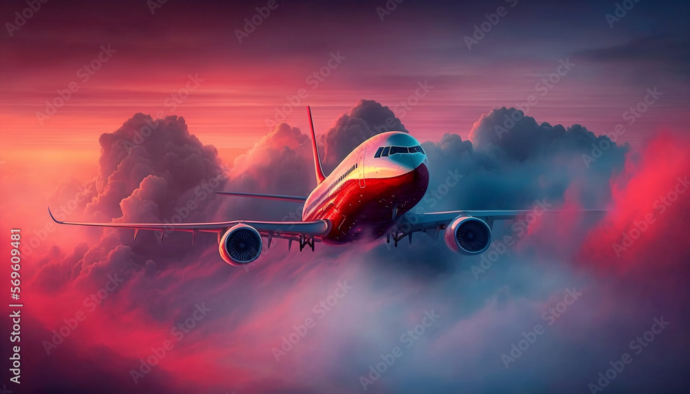 airliner in red livery emerges from the clouds at dawn - AI generative airliner in red livery emerges from the clouds at dawn - AI generative