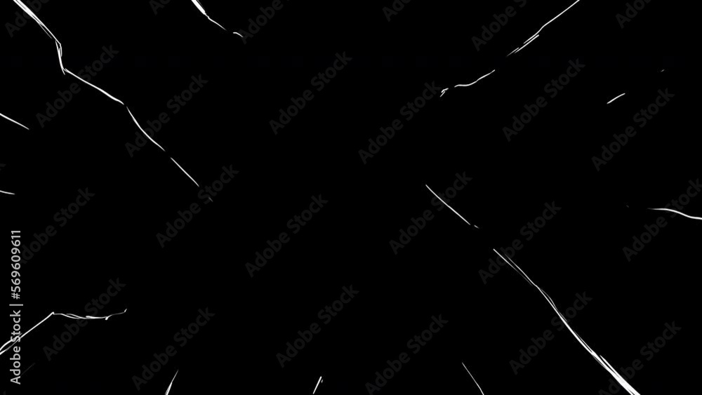 Animation of white cracks on a black screen. The concept of a broken surface for overlay on top. Destruction of the object in retro style. Stock 4k video with alpha channel.