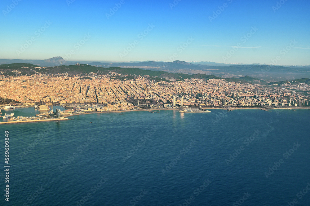 Panoramic aerial view of Barcelona city Spain  at sunrise