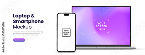 Modern laptop mockup front view and smartphone mockup high quality isolated on white background. Notebook mockup and phone device mockup for ui ux app and website presentation Stock Vector.