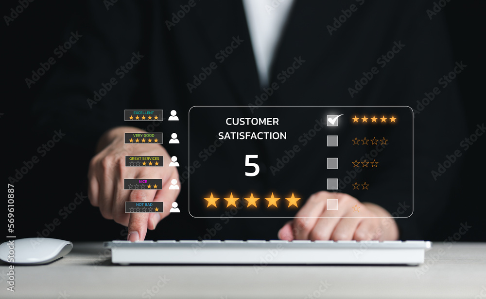 close up Woman hand using  give five star symbol to increase rating of product and service concept, Customer service experience and business satisfaction survey.